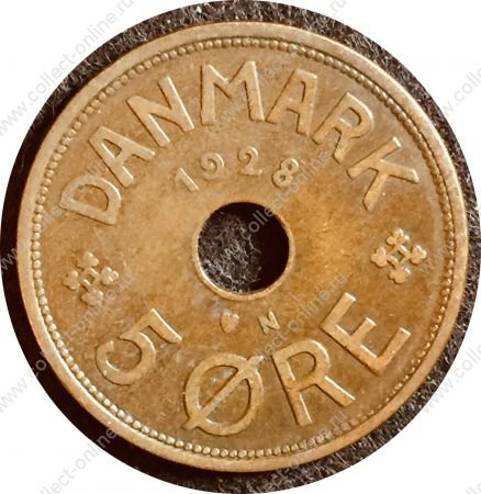 Дания 1928 г. KM# 828.2 • 5 эре • королевская монограмма • регулярный выпуск • XF