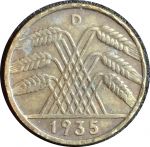 Германия • 3-й рейх 1935 г. D (Мюнхен) • KM# 40 • 10 рейхспфеннигов • колосья пшеницы • регулярный выпуск • XF