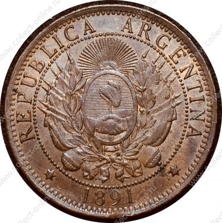 Аргентина 1891 г. • KM# 33 • 2 сентаво • герб Аргентины • регулярный выпуск • AU