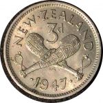 Новая Зеландия 1947 г. • KM# 7a • 3 пенса • Георг VI • год-тип • регулярный выпуск • MS BU (кат - $30 )