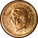 Монако 1945 г. • KM# 121a • 2 франка • Луи II • герб княжества • регулярный выпуск • MS BU пруфлайк!