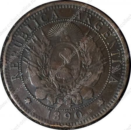 Аргентина 1890 г. • KM# 33 • 2 сентаво • герб Аргентины • регулярный выпуск • VF
