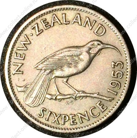 Новая Зеландия 1953 г. • KM# 26.1 • 6 пенсов • Елизавета II • птица гуйа • регулярный выпуск • AU ( кат. - $12 )