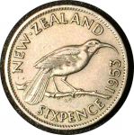 Новая Зеландия 1953 г. • KM# 26.1 • 6 пенсов • Елизавета II • птица гуйа • регулярный выпуск • AU ( кат. - $12 )