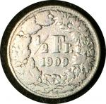 Швейцария 1909 г. B (Берн) • KM# 23 • 1/2 франка • серебро • регулярный выпуск • F-