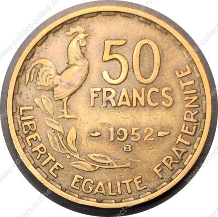 Франция 1952 г. B • KM# 918.2 • 50 франков • петух • регулярный выпуск • XF+ ( кат. - $5+ )