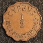Кипр 1945 г. KM# 22a • ½ пиастра • Георг VI • регулярный выпуск • XF+