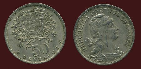 Португалия 1952 г. • KM# 577 • 50 сентаво • регулярный выпуск • AU ( кат. -$10 ) 