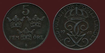 Швеция 1942-1950 гг. • KM# 812 • 5 эре • Королевская монограмма • регулярный выпуск • +/- XF