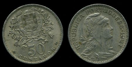 Португалия 1927 г. • KM# 577 • 50 сентаво • первый год чеканки типа • регулярный выпуск • UNC ( кат. -$125 )