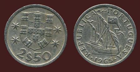 Португалия 1965 г. • KM# 591 • 5 эскудо • парусник • регулярный выпуск • XF+ ( кат. - $15 )