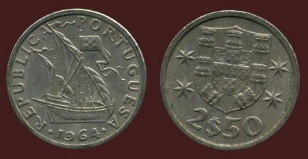 Португалия 1964 г. • KM# 590 • 2½ эскудо • парусник • регулярный выпуск • AU+ ( кат. - $30 )