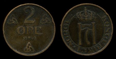 Норвегия 1909 г. • KM# 371 • 2 эре • регулярный выпуск(первый год) • VF ( кат. - $25 )