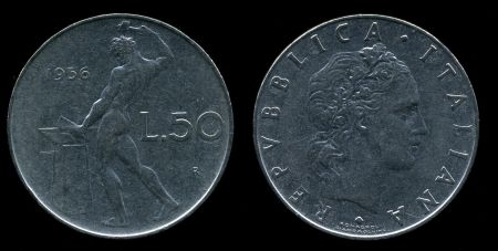 Италия 1956 г. R (Рим) • KM# 95.1 • 50 лир • кузнец • регулярный выпуск • XF