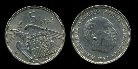 Испания 1957(65) гг. • KM# 786 • 5 песет • Франко • регулярный выпуск • MS BU ( кат. - $15 )