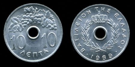 Греция 1969 г. • KM# 78 • 10 лепт • грозди винограда • регулярный выпуск • MS BU ( кат. - $7 )