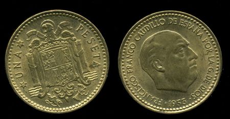 Испания 1953(56) г. • KM# 775 • 1 песета • Франко • регулярный выпуск • BU ( кат. - $5+ )