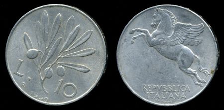 Италия 1950 г. R KM# 90 • 10 лир • оливковая ветвь • регулярный выпуск • MS BU ( кат. - $30+ )