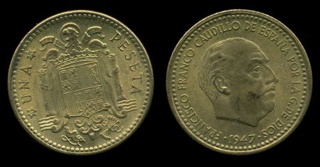 Испания 1947 г. (54) • KM# 775 • 1 песета • генерал Франко • регулярный выпуск • MS BU ( кат. - $150-250 )