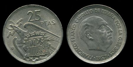 Испания 1957(58) г. KM# 787 • 25 песет • Генерал Франко • первый год чеканки типа • регулярный выпуск • BU ( кат. - $100 )