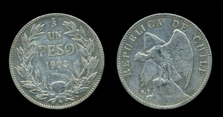 Чили 1903 г. • KM# 152.2 • 1 песо • Кондор на скале • серебро • регулярный выпуск • XF