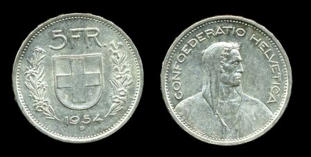 Швейцария 1954 г. B. (Берн) • KM# 40 • 5 франков • серебро • регулярный выпуск • BU