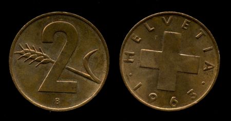 Швейцария 1963 г. B • KM# 47 • 2 раппена • регулярный выпуск • MS BU ( кат.- $3,00 )