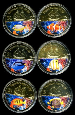 Фиджи 2009 г. • KM# 145a-50a • 1 доллар • Парусники и рыбы • золочение • комплект 6 шт. • MS BU 