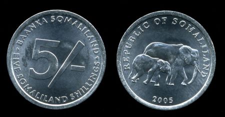 Сомалиленд 2005 г. • KM# 19 • 5 шиллингов • слоны • регулярный выпуск • MS BU