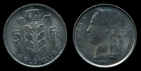 Бельгия 1962-1981 гг. • KM# 134.1 • 5 франков • "Belgique" (фр. текст) • регулярный выпуск • MS BU 