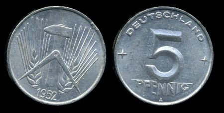 Германия • ГДР 1952 г. А (Берлин) • KM# 6 • 5 пфеннигов • пшеничный колос • регулярный выпуск • BU ( кат. - $5 )