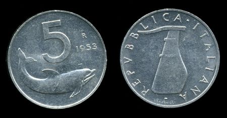 Италия 1953 г. R KM# 92 • 5 лир • дельфин • регулярный выпуск • BU ( кат. - $3 )