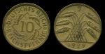 Германия 1929 г. J (Гамбург) • KM# 40 • 10 рейхспфеннигов • колосья пшеницы • регулярный выпуск • XF ( кат. - $15 )