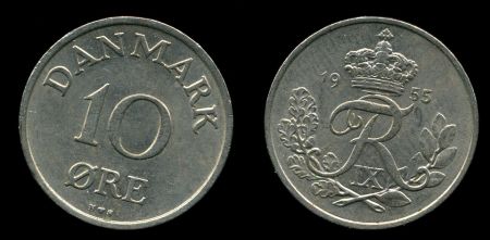 Дания 1955 г. • KM# 841.1 • 10 эре • королевская монограмма • регулярный выпуск • BU  