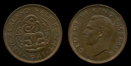 Новая Зеландия 1941 г. • KM# 12 • ½ пенни • Георг VI • тотем • регулярный выпуск • AU+ красн. 
