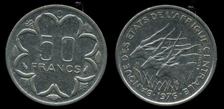 Центрально-Африканский Союз 1976 г. C(Конго) • KM# 11 • 50 франков • гигантские антилопы • регулярный выпуск • AU