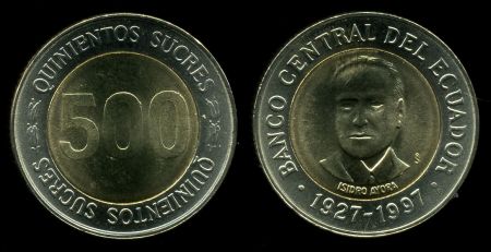 Эквадор 1997 г. • KM# 102 • 500 сукре • 70-летие Центрального Банка • Исидро Айора • регулярный выпуск • MS BU