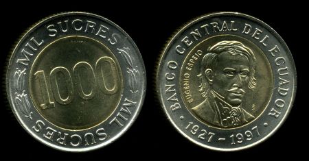 Эквадор 1997 г. • KM# 103 • 1000 сукре • 70-летие Центрального Банка • Эухенио Эспехо • регулярный выпуск • MS BU