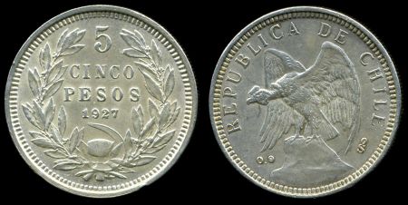 Чили 1927 г. • KM# 173.2 • 5 песо • Кондор на скале • серебро • регулярный выпуск(год-тип) • MS BU