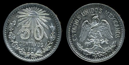 Мексика 1905 г. • KM# 445 • 50 сентаво • серебро • регулярный выпуск(первый год) • MS BU ( кат. - $175 )
