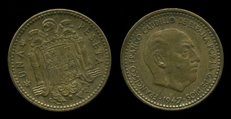 Испания 1947 г. (54) • KM# 775 • 1 песета • генерал Франко • регулярный выпуск • BU ( кат. - $150 )