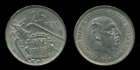 Испания 1957(67) г. • KM# 787 • 25 песет • Генерал Франко • регулярный выпуск • BU ( кат. - $30 )