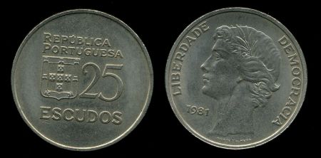 Португалия 1980-1986 гг. • KM# 607a • 25 эскудо • герб Республики • регулярный выпуск • MS BU