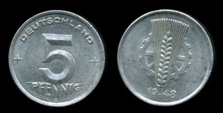 Германия • ГДР 1948 г. А (Берлин) • KM# 2 • 5 пфеннигов • пшеничный колос • регулярный выпуск • AU