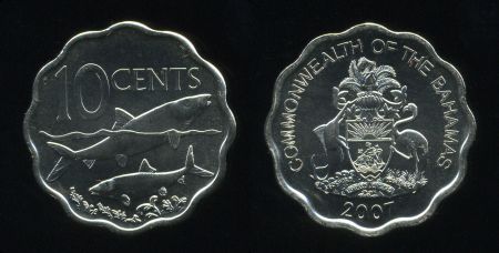 Багамы 2007 г. • KM# 61 • 10 центов • рыбы • герб островов • регулярный выпуск • MS BU