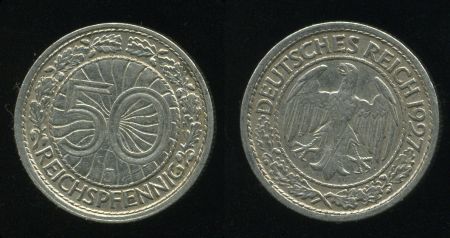 Германия 1927 г. J (Гамбург) • KM# 49 • 50 рейхспфеннигов • орел • регулярный выпуск • AU ( кат. - $30 )