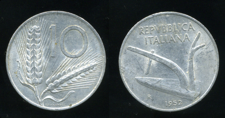 Италия 1952 г. R KM# 93 • 10 лир • колосья пшеницы • регулярный выпуск • MS BU