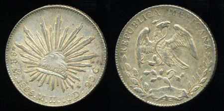 Мексика 1885 г. Mo MH (Мехико) • KM# 377.10 • 8 реалов • орел • серебро • регулярный выпуск • MS BU ( кат. - $220 )