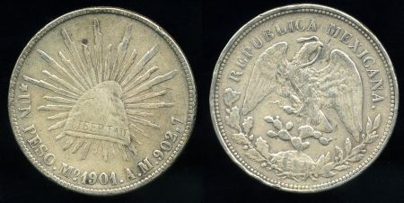 Мексика 1901 г. Mo AM (Мехико) • KM# 409.2 • 1 песо • орел • серебро • регулярный выпуск • XF