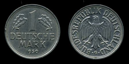 Германия • ФРГ 1950 г. G (Карлсруэ) • KM# 110 • 1 марка • регулярный выпуск • MS BU* ( кат.- $55- )